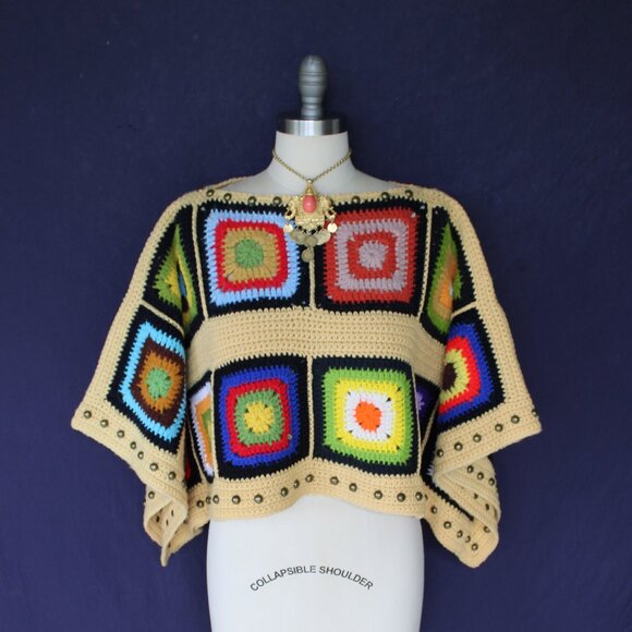 Hand crafted Granny Square Blanket poncho tunic crochet sweater free people - Picture 2 of 10